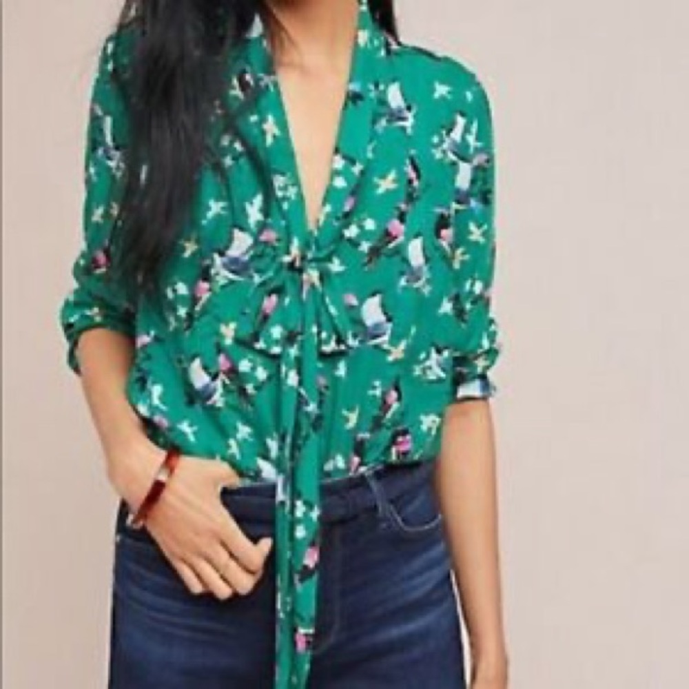 Conversations by Anthropologie Limited Edition Green Bird Button Down Bow Blouse